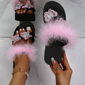 Toe-toe sandals for women 2024summernew arrival round toe real hair butterfly wedge sandals outwear rhinestone plaid flip-flops