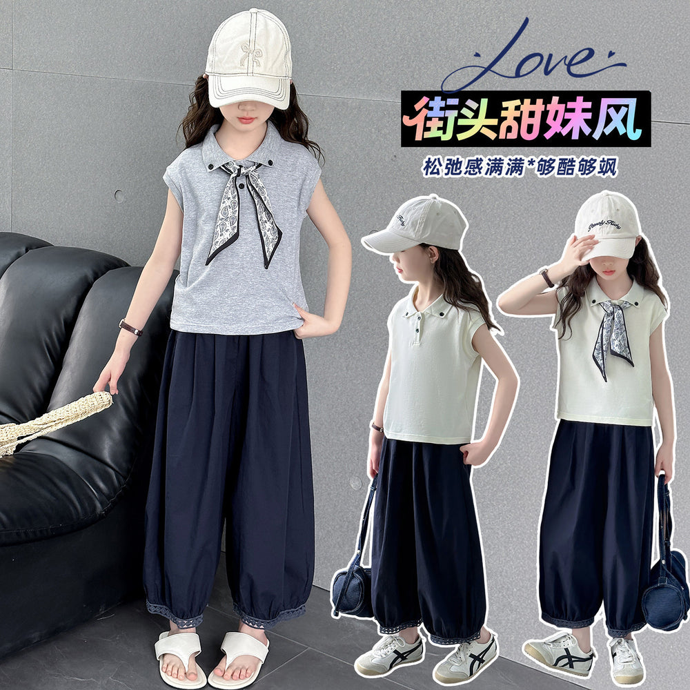 new girls' casual versatile lightweight lace trim student two-piece set - relaxed fit wide leg pants for girls