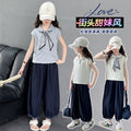 new girls' casual versatile lightweight lace trim student two-piece set - relaxed fit wide leg pants for girls