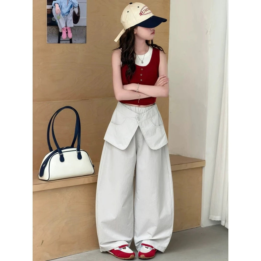 【100% cotton】super cute girls' wide-leg casual summer pants - faux two-piece, loose fit, scalloped hem, breathable and versatile