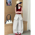【100% cotton】super cute girls' wide-leg casual summer pants - faux two-piece, loose fit, scalloped hem, breathable and versatile