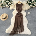Korean style commute-friendly sleeveless knit dress - women's summer round neck high waist tassel maxi dress - slimming a-line skirt