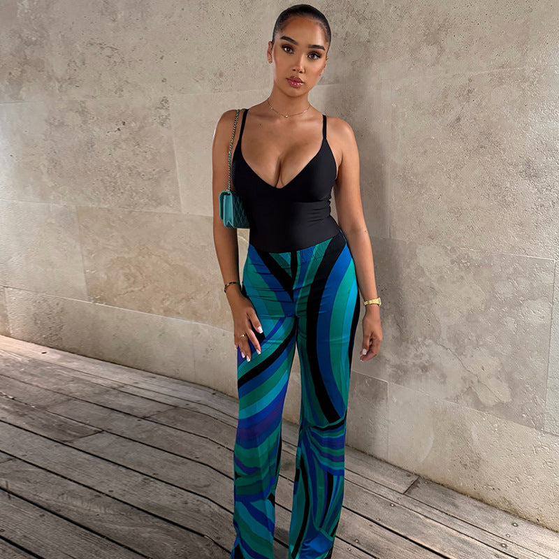 European and american style cross-border ins color matching women's suspenders work clothing thin waist low-cut jumpsuit sports u-neck summer jumpsuit