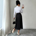 European and american  minimalist commute pleated midi skirt - black, high-waisted, drapey, slimming, versatile a-line skirt