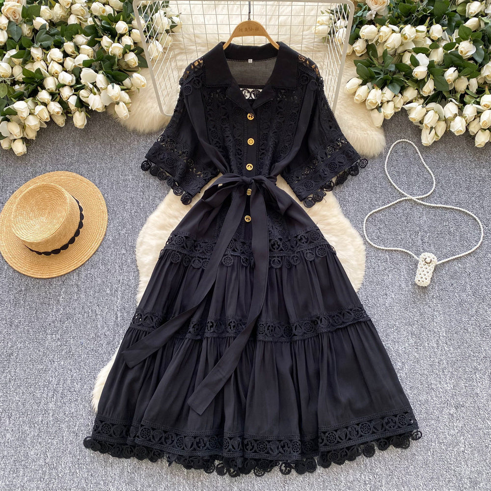 French court style hollow-out lace patchwork turn-down collar short sleeve dress - women's tie-waist elegant midi swing dress