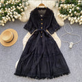 French court style hollow-out lace patchwork turn-down collar short sleeve dress - women's tie-waist elegant midi swing dress