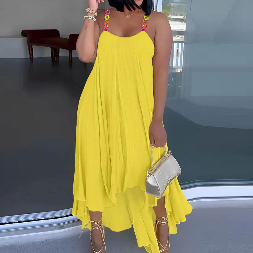S10547 European and American, sexy, chain shoulder strap solid color irregular large skirt suspender sleeveless dress