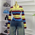 European and american cross-border women's spring  new retro age-reducing turn-down collar colorful striped long-sleeve knitted cardigan top