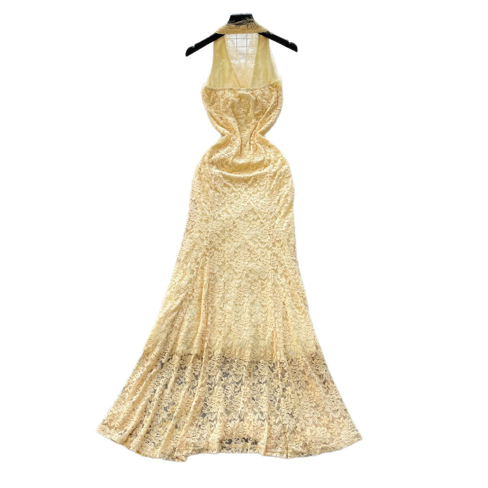 Frenchsexyhalter sleeveless lacedress women's summer 2026new arrivalholiday style silmslimming lookelegant long dress