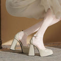 Mary jane chunky heel women's shoes 2025 new fairy style waterproof platform french square toe single strap flats