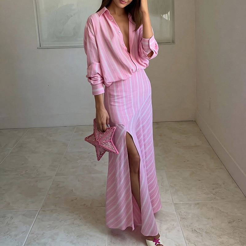 summer new women's clothing: cross-border european and american style fashion casual striped long-sleeve shirt dress set
