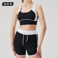 Spring/summer high-waisted activewear set for women - color block, open back, body-hugging, barely-there feel yoga set with running shorts - gym & yoga apparel