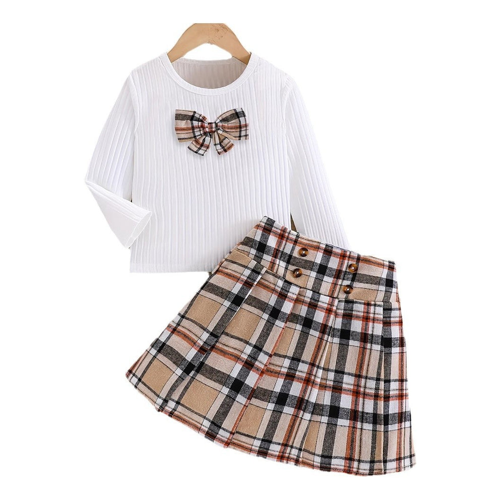 Girls' export set: white knitted long-sleeve top and pleated plaid skirt - autumn two-piece outfit for toddlers and young children