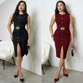 C7623 cross-border   fashion women's elegant single-breasted slim-fit slit dress - new arrival