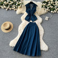 French style age-defying set for women: summer chic ruched waist sleeveless denim top with high-waisted midi skirt