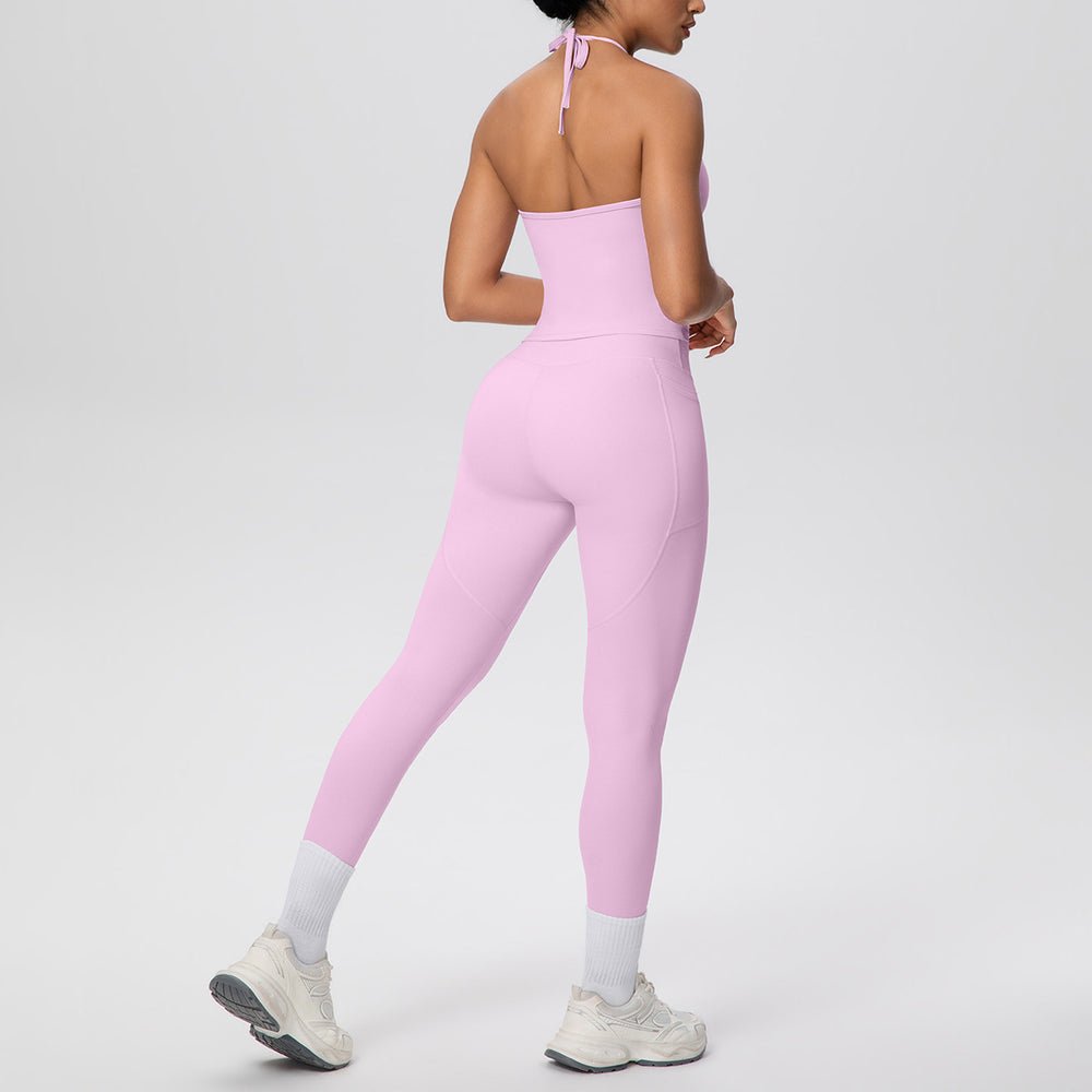 pure color brushed beautiful back tight strap halterflap pocket pants yoga suit sports running fitness two-piece set
