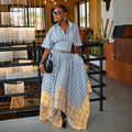 European and american cross-border women's fashion:  summer new collection - stylish turn-down collar plaid cropped shirt and asymmetrical midi skirt set