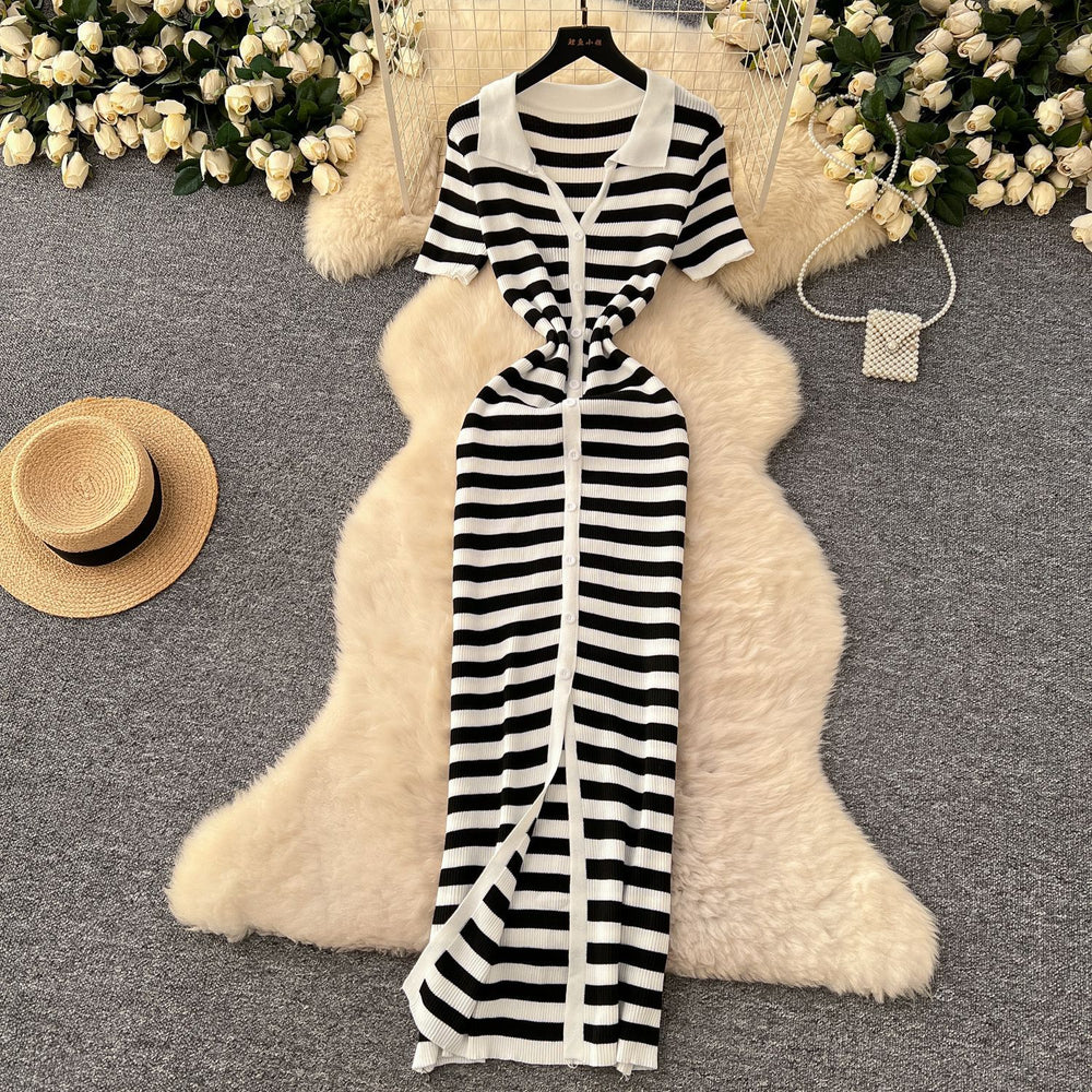 Korean chic retro socialite color block lapel single-breasted striped knit dress - slimming maxi dress