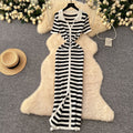 Korean chic retro socialite color block lapel single-breasted striped knit dress - slimming maxi dress