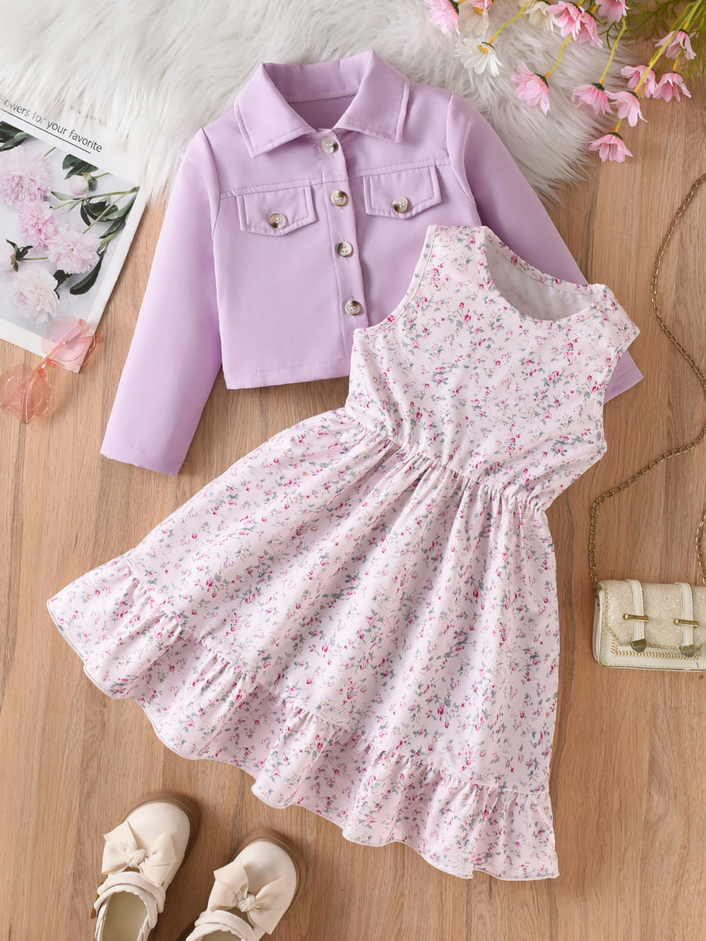 Girls' foreign trade outfit: taro purple turn-down collar jacket & vest with floral dress two-piece set - autumn children's dress