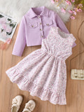 Girls' foreign trade outfit: taro purple turn-down collar jacket & vest with floral dress two-piece set - autumn children's dress