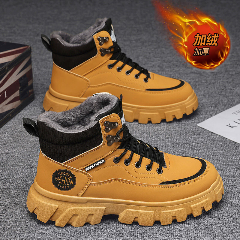 Boots men's fall and winter high-top british style workwear rhubarb boots men's fleece-lined cotton shoes thick sole outdoor waterproof leather boots