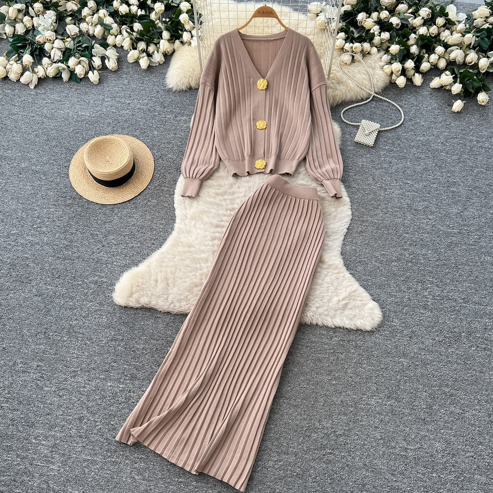Lazy style metal buckle knittingcardigantopstwo-piece set women's autumclassy sense silm hip skirt suit