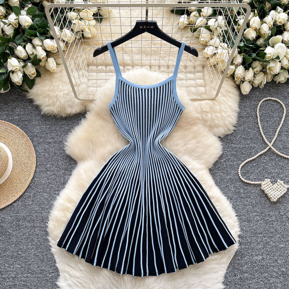 Elegant and chic camisole dress for women - autumn  collection: french retro, slimming, pleated, striped knit dress