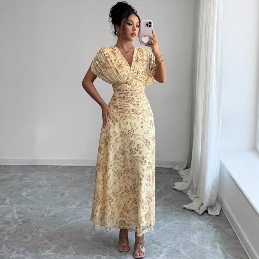 european and american cross-border summer women's new floral v-neck puff sleeve dress