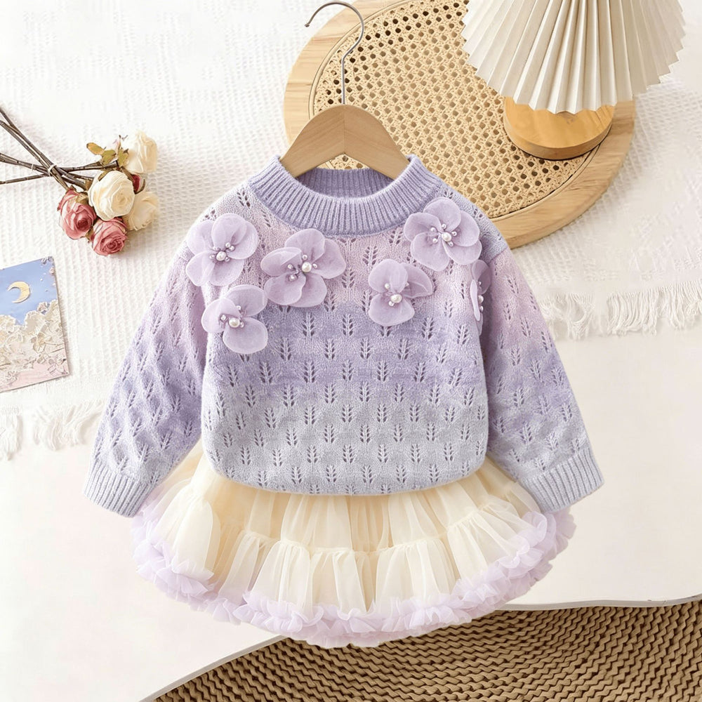 Girlsweaterspring & fallsense of design beaded flower bottom shirt gradient color sweateroutwear lazy soft waxytwo-piece set