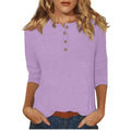 cross-border  women's fashion casual three-quarter sleeve solid color button-down crew neck t-shirt top