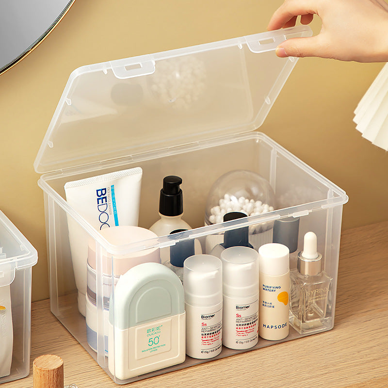 Long makeup brush, mask storage box, transparent rectangular box with lid, covered dresser, skin care product storage box.