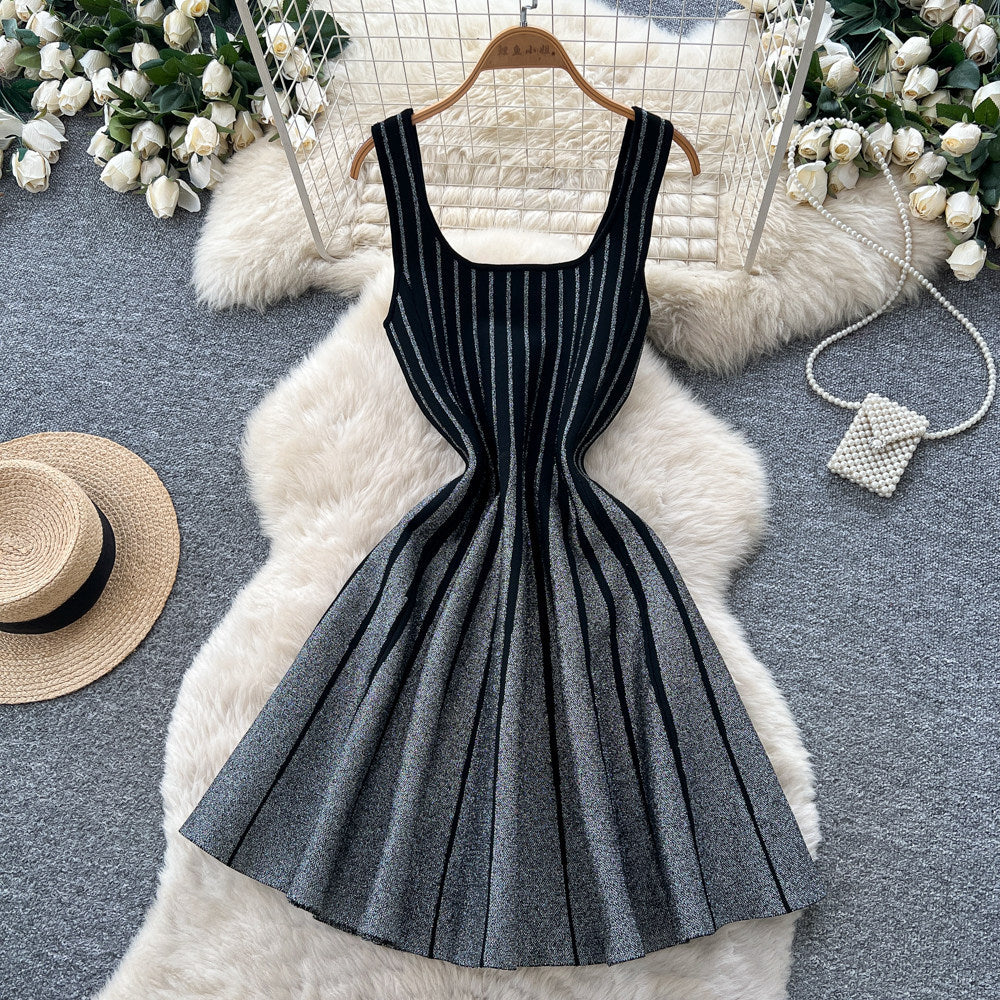 Korean style sleeveless striped gradient knit dress - women's summer high-waisted a-line slimming versatile chic work dress