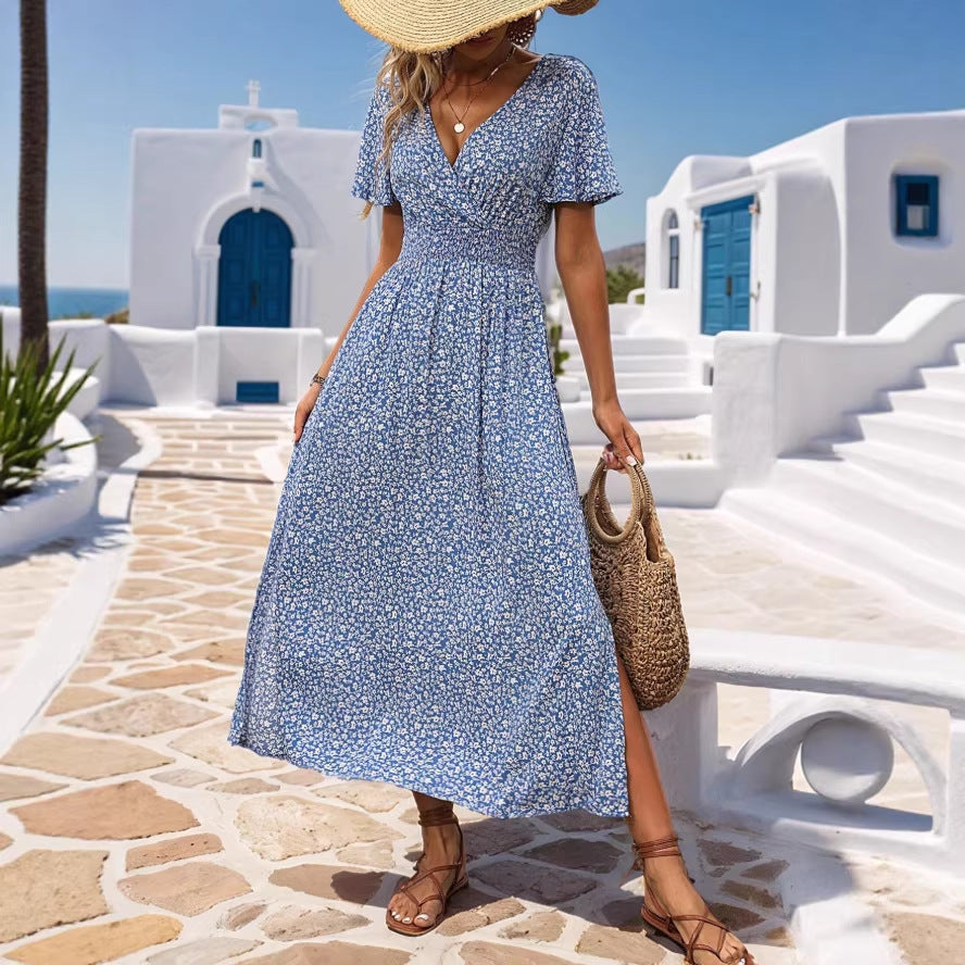 european and american cross-border hot seller:  summer new arrival - digital print short sleeve v-neck casual printed dress