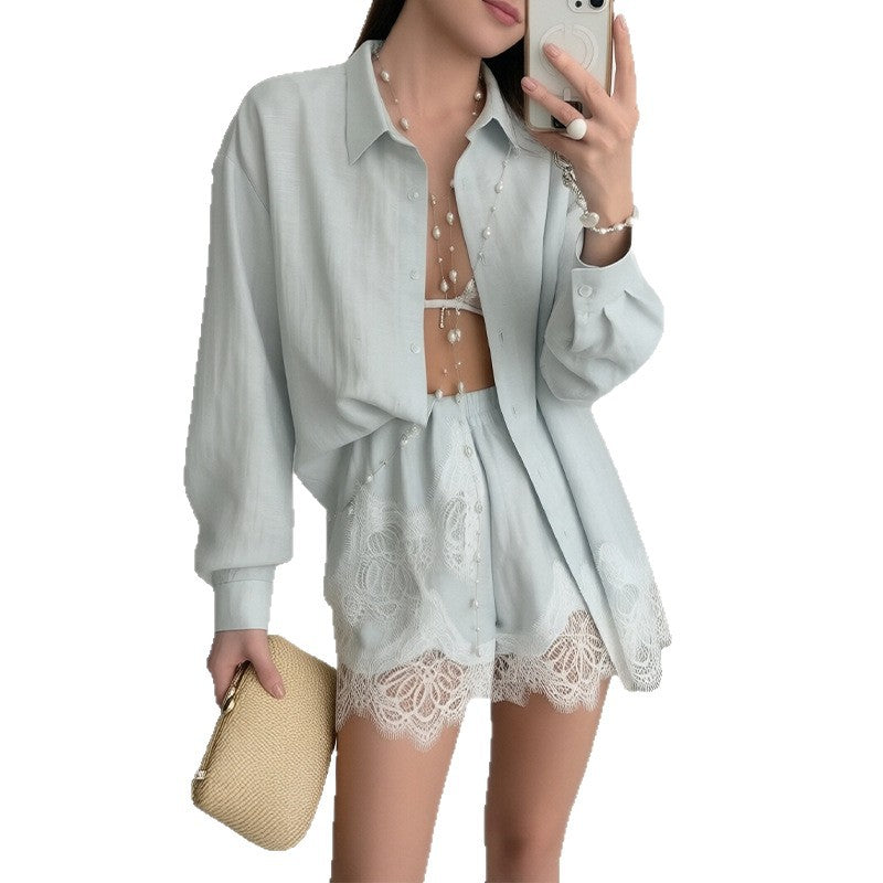 cross-border e-commerce women's fashion: european and american summer new arrivals - beach vacation style sexy shirt & fashionable casual set
