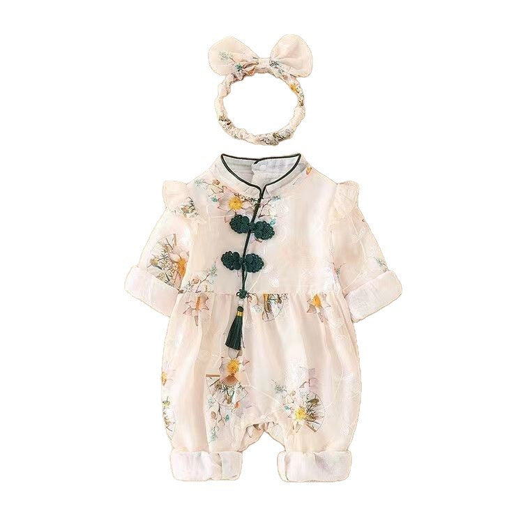 Newborn chinese style romper - spring/autumn crawling suit for baby girls - 100-day celebration double-layer long sleeve stylish outing jumpsuit