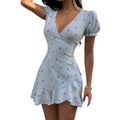 Women's summer new fashion elegant plaid v-neck ruffle hem button-decorated cinched waist mini dress
