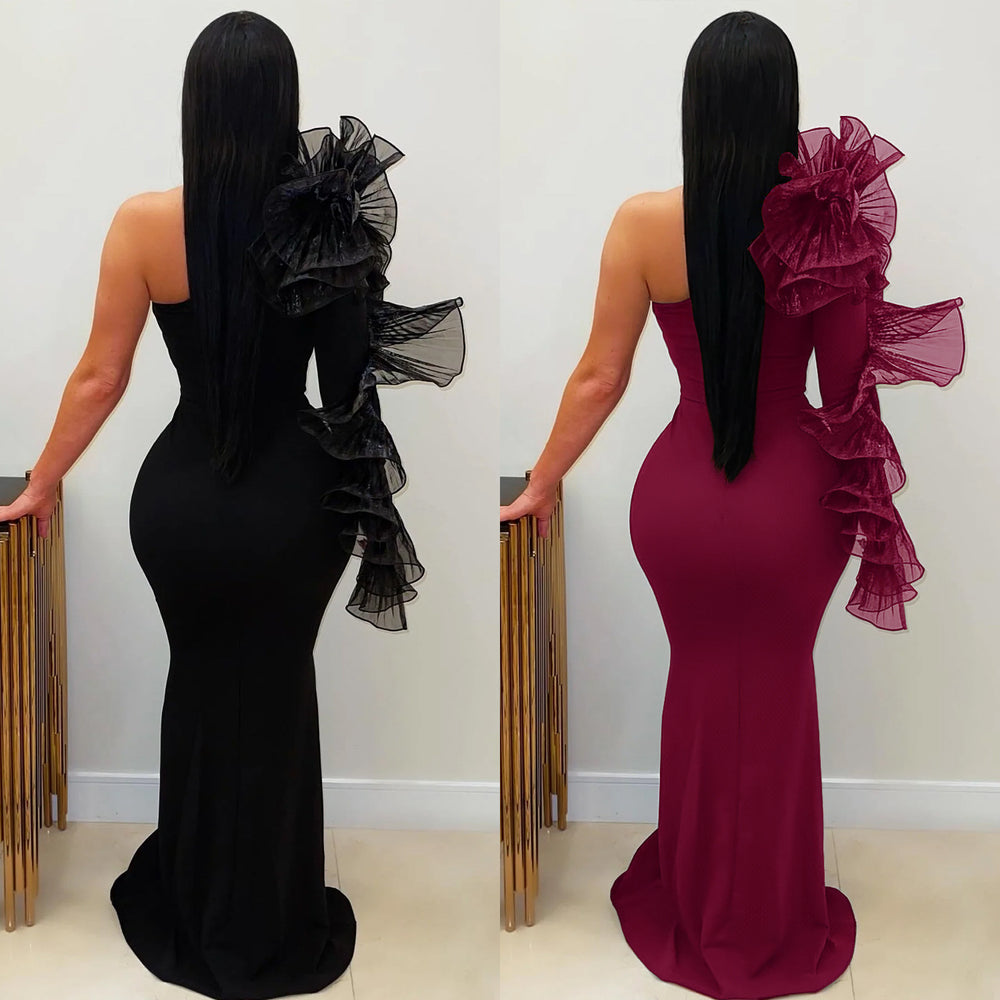 C7610 cross-border   fashion women's elegant single lace sleeve slim-fit dress