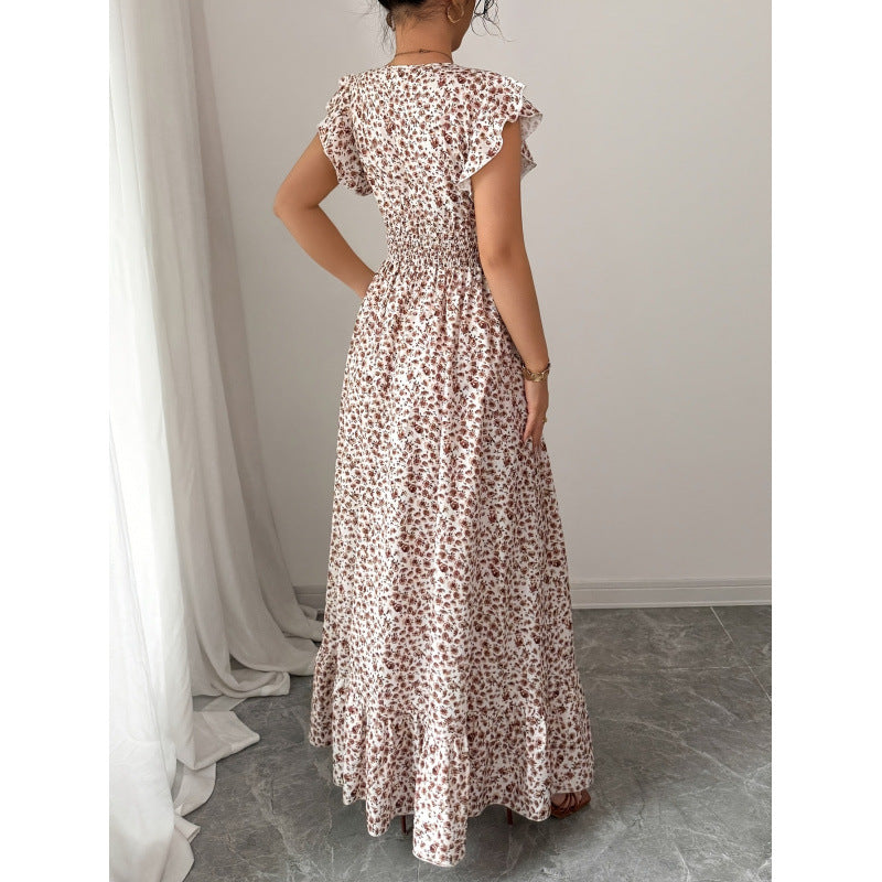 code new arrival  women's original elegancev neck small floral dress waist olive
