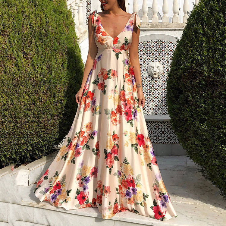 2025 summer new arrivals: cross-border amazon fashion - european & american style open-back printed dress, sleeveless maxi slip dress with flared skirt