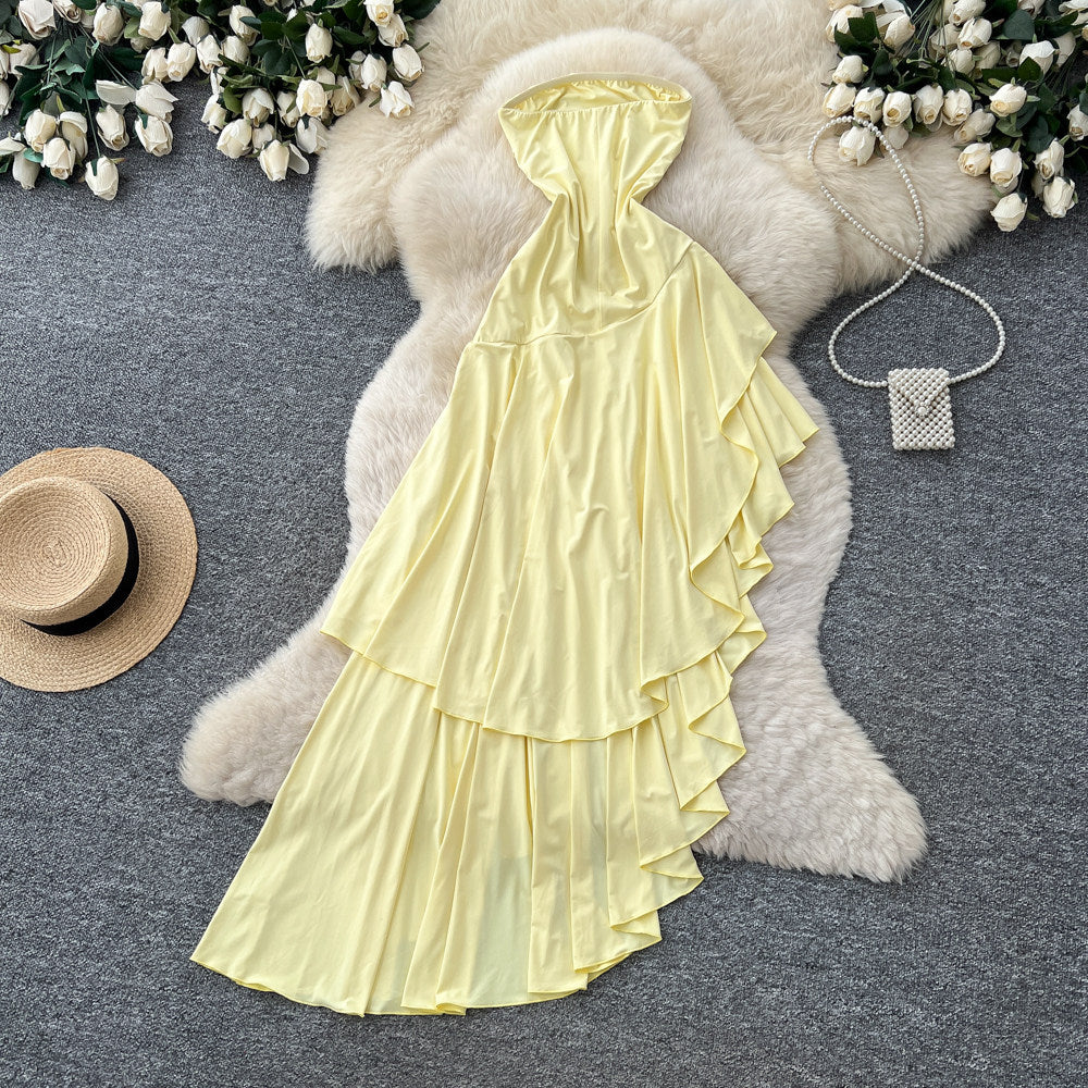 French riviera style bandeau asymmetrical dress - women's summer yellow ruffle hem maxi dress - slimming and chic