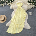 French riviera style bandeau asymmetrical dress - women's summer yellow ruffle hem maxi dress - slimming and chic