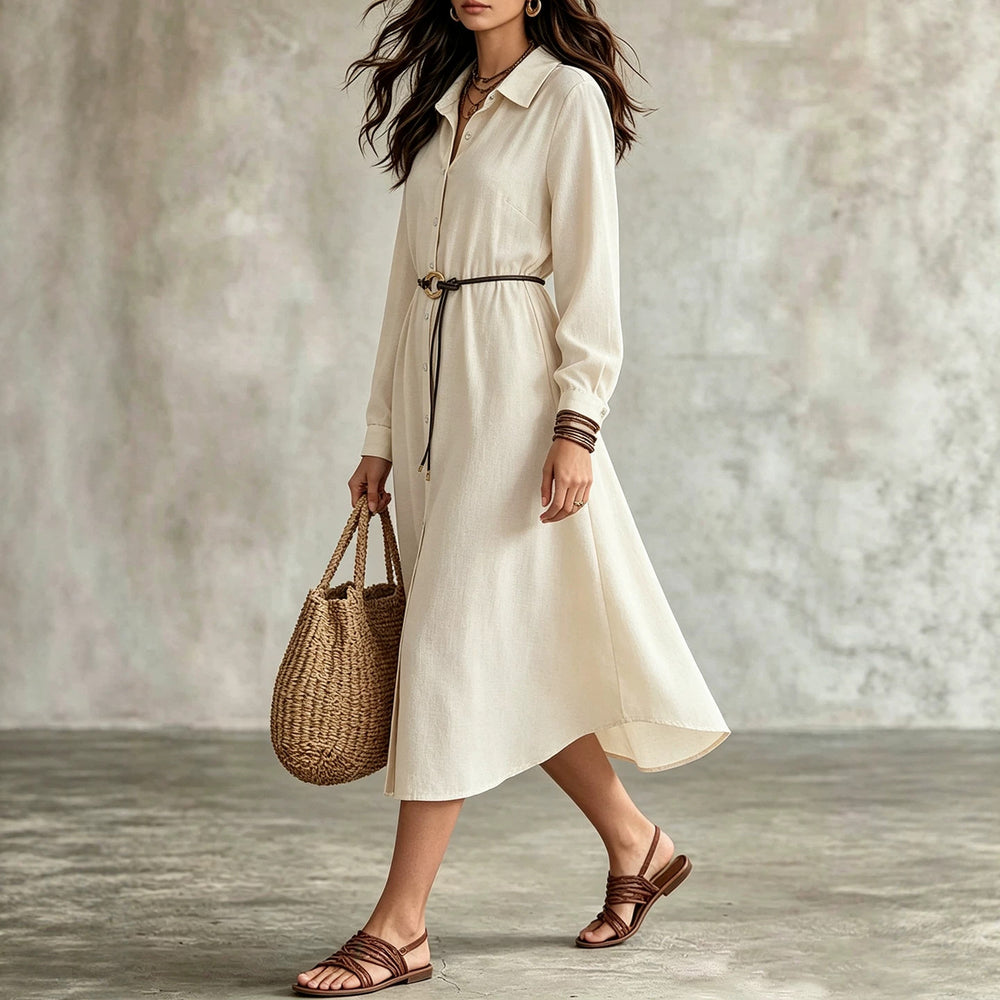 Plus size white shirt dress for work or vacation: long sleeve, tie-waist, slimming, and flattering - perfect for curvy women
