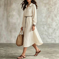 Plus size white shirt dress for work or vacation: long sleeve, tie-waist, slimming, and flattering - perfect for curvy women