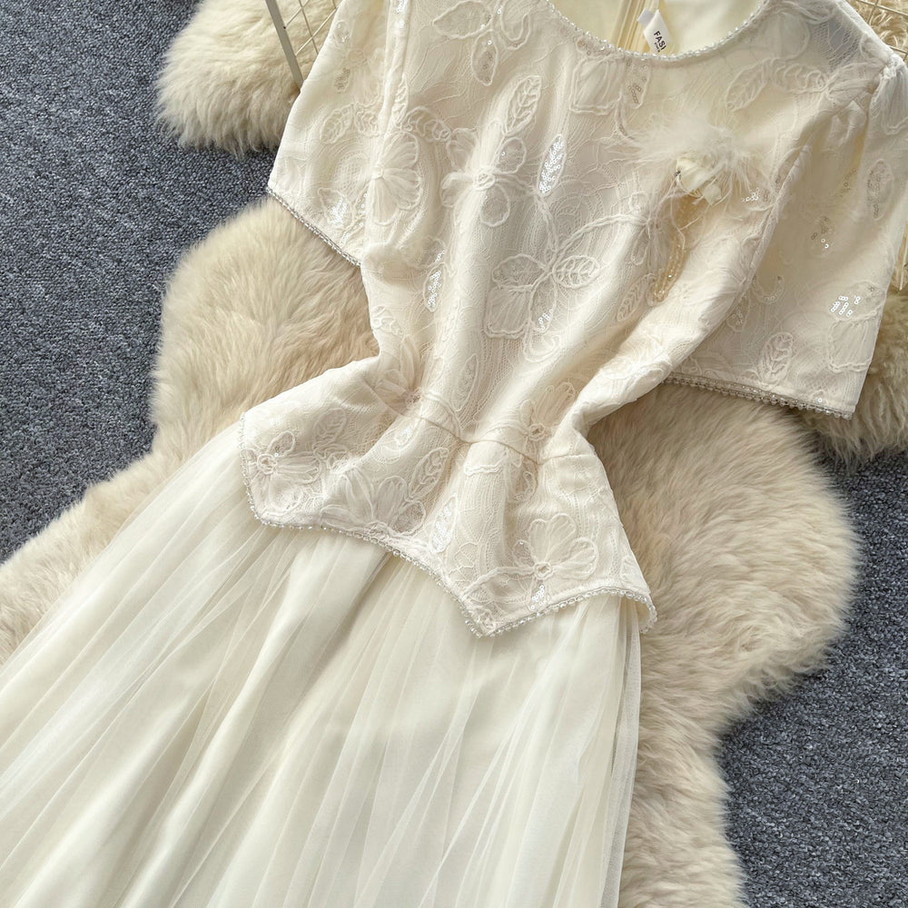 French chic korean style short sleeve lace dress - women's summer high-end elegant a-line maxi dress