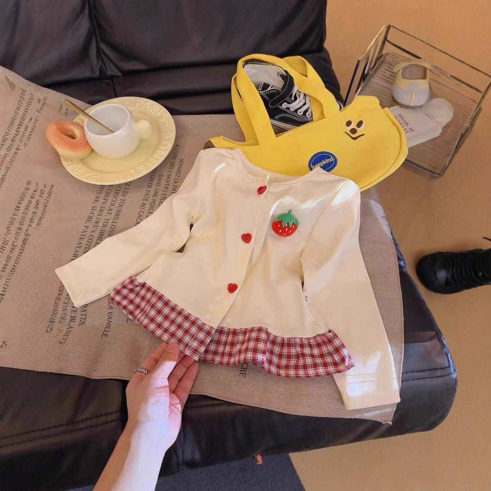 【dropshipping】 autumn new arrivals: adorable girls' strawberry plaid lace-trimmed skirted cardigan top
