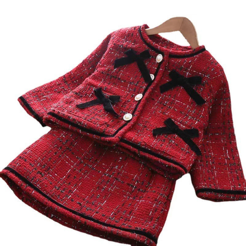 Girl red tweed style skirt suit skirt style woolenoutwearfall and winterfashionable quilted two-piece set baby