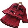 Girl red tweed style skirt suit skirt style woolenoutwearfall and winterfashionable quilted two-piece set baby