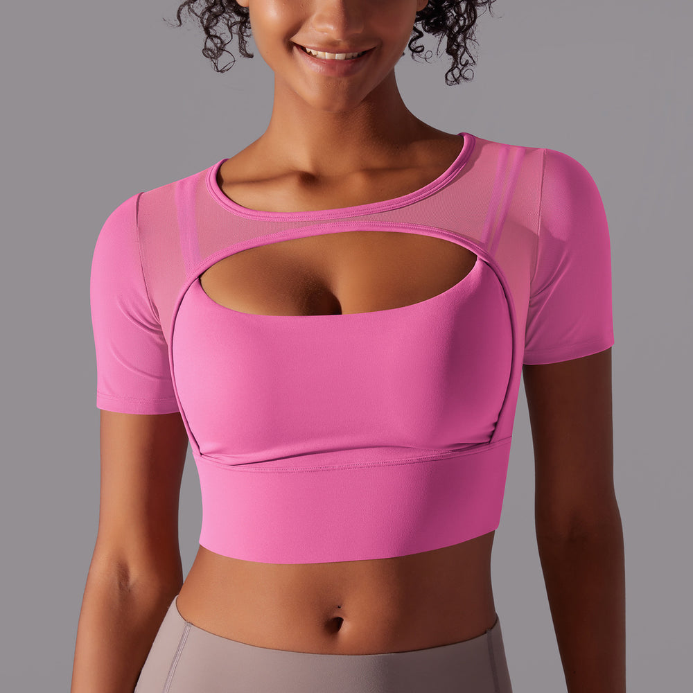 New arrival nude mesh cut out short-sleeved fake two-piece yoga top all-in-one coaster bubble wrap push-up fitness beautiful back