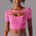 New arrival nude mesh cut out short-sleeved fake two-piece yoga top all-in-one coaster bubble wrap push-up fitness beautiful back